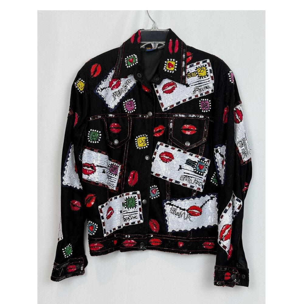 Vintage 80s Modi Denim Beaded Lips Letters Jacket